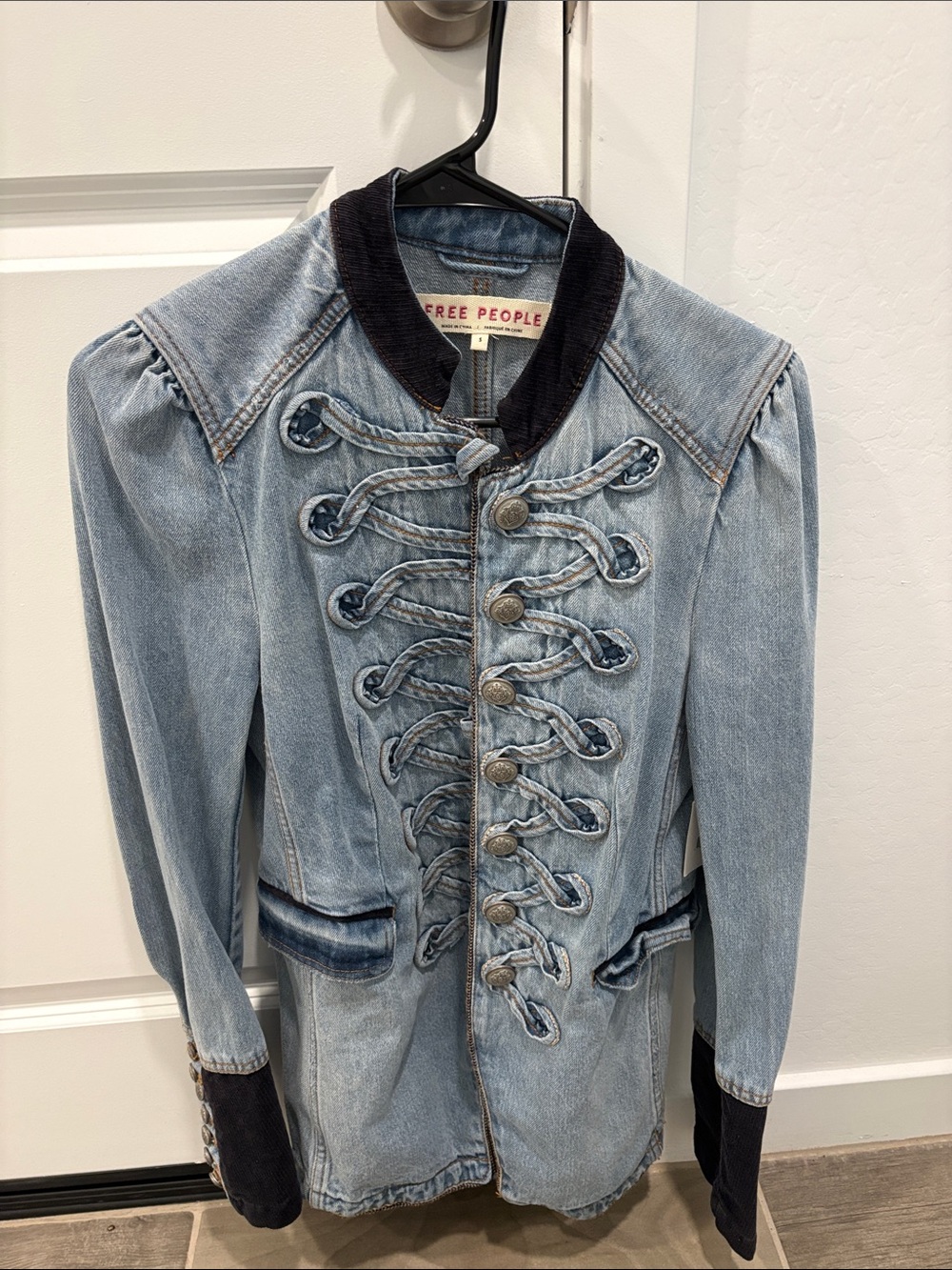Free People Light Blue Denim Military-Style Jacket with Dark Trim